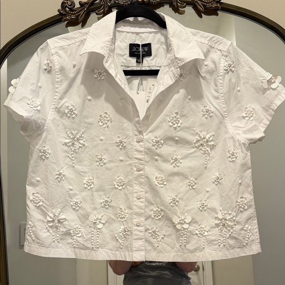 J. Crew Collection White Embroidered Short-Sleeve Button-Down Shirt 6 - Picture 2 of 9